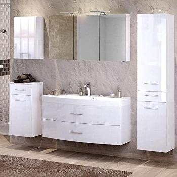 Lomadox Badmöbel-Set, 5-teilig, mit 120cm Waschtisch & Hochschrank Hochglanz weiß 230x200x47 cm