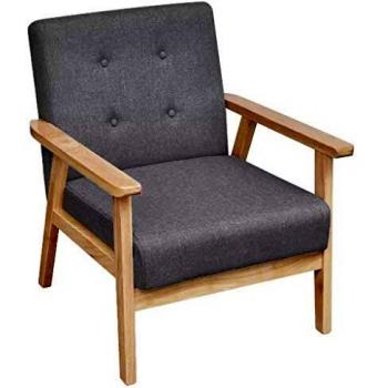 Sillón Retro de Salón de Madera y Tapicería de Tela Gris Claro