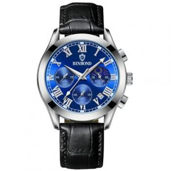 Blaues Echtleder‑Accessoire – Analog, Römische Zahlen, 30 m wasserdicht