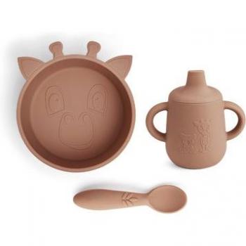 Kit de repas enfant nuuroo Elias, en silicone, motif girafe, variante Chocolate Malt (3 unités)