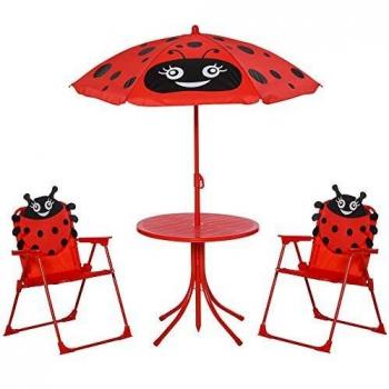 Tavolo da Giardino per Bambini con 2 Sedie e Ombrellone, Metallo e Poliestere, Rosso