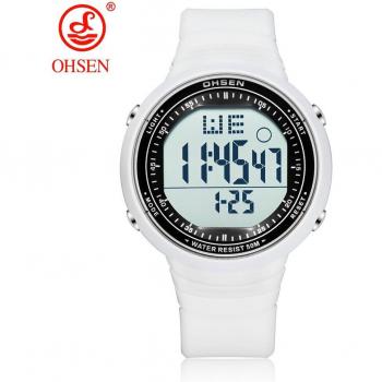 OHSEN Rugged White LCD Sports Watch with Alarm