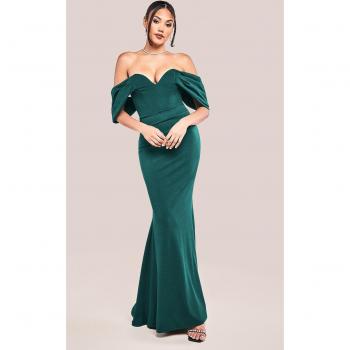 Green Off The Shoulder Draped Sleeve Maxi Dress by Goddiva