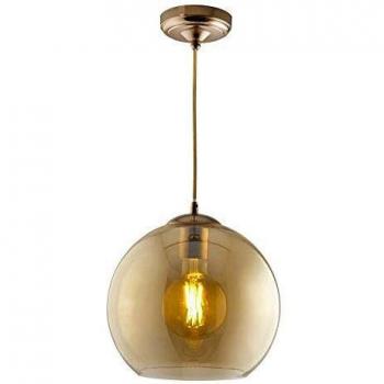 Antique Brass Beaded Pendant Light with Amber Glass Orb 30cm