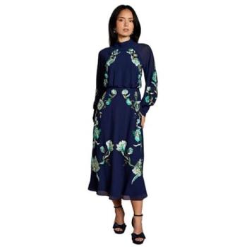 Coast Women's Navy Midi Dress, Floral Embroidered, High Neck, Petite, Size 8