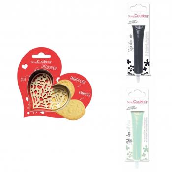 Kit à pâtisserie pour biscuits en cœur + stylos chocolat noir et vert d'eau Scrapcooking