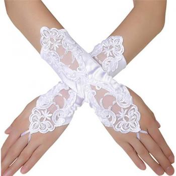 Prom Fingerless Gloves with Pearl Satin and Rhinestone Lace