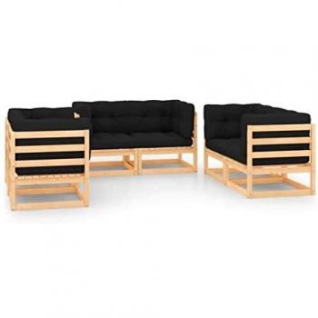 Patio set bois de pin massif, 6 pc avec coussins inclus