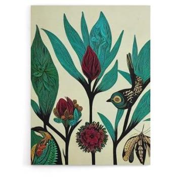 Artery8 Rustic Blue Flowers & Birds Print – 12″ × 16″