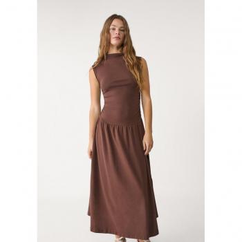 Stradivarius Funnel Neck Midi Dress in Brown, XS