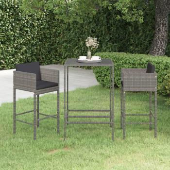 Set de Muebles Bar Jardín 3 Piezas con Cojines de Polyrattan Gris