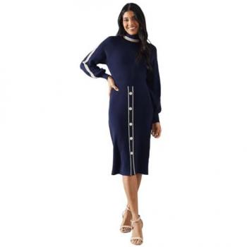 Roll Neck Midi Dress featuring Tipped Button Skirt for Women