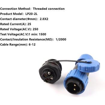 LP20 SP20 IP68 Back Nut Waterproof Connector 2 Pin