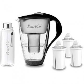 PearlCo Wasserfilter Glas Wasserfilter schwarz mit 3 Kartuschen und Glasflasche