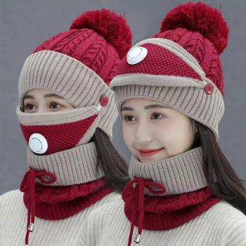 Warm Solid Color Knitted Hat and Neck Warmer for Girls