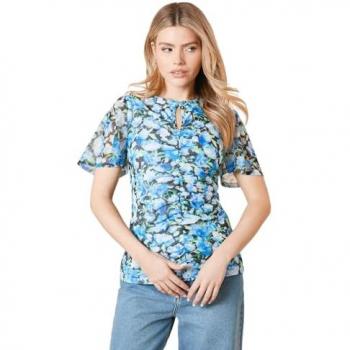 Floral Keyhole Ruched Front Angel Sleeve Mesh Dress Shirt