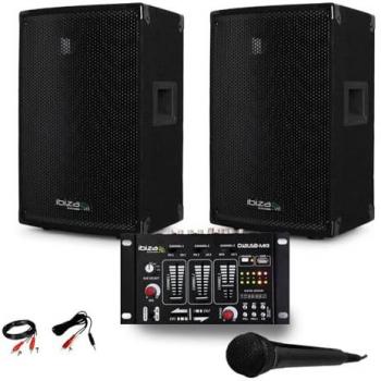 Paire d'enceinte passive IBIZA DISCO10B + Table de Mix USB + Micro + Câble PC