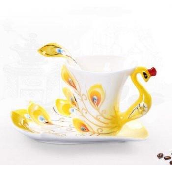 3D Hand Crafted Peacock Design Porcelain Coffee Cup Set with Saucer
