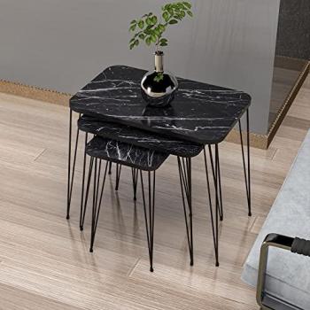 Rudkøbing Set 3 Tavolini con Gambe Forcina, Piano Quadrato effetto Marmo Nero