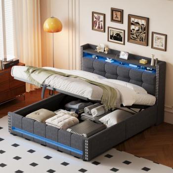 Letto Matrimoniale 160×200 cm con Luci LED, USB, Testiera Ripiano & Cassetta Idraulica – Lino Grigio