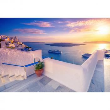 Meer & Palmen Santorini – Premium Fototapete für Wohnzimmer