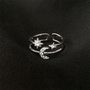 Anneau tendance doux en argent sterling 925 étoile lune double couche