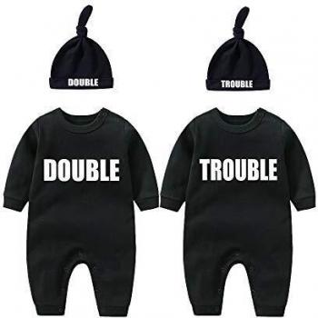 Twins Baby Bodysuits Double Trouble Outfit with Hat