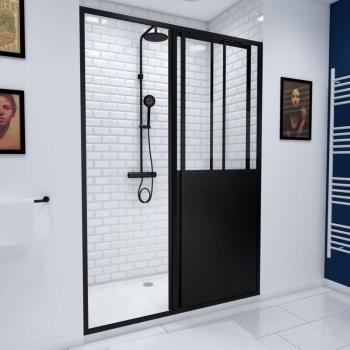 Kit porte coulissante noire mate atelier, receveur blanc effet pierre (120 × 90 × 200 cm)