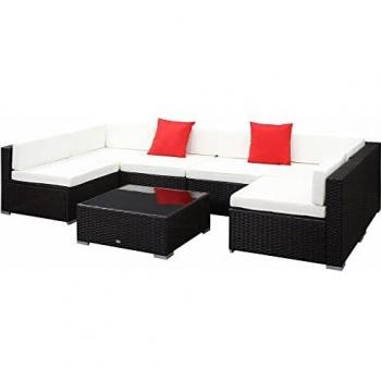 OUTSUNNY Salon de jardin 7 pièces avec table basse en verre trempé et coussins déhoussables