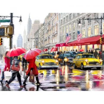 Set di broderia a diamanti Rainy Day Street 5D DIY con foro rotondo e punti incrociati 20x30cm