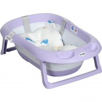 Zonekiz Portable Baby Bath Tub, Non-Slip Support, Cushion Pad, Drain Plugs, Shower Head Holder, for Newborn to 6 Years