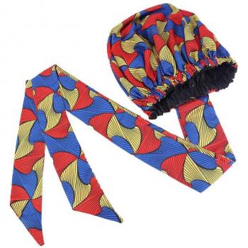 African Satin Hair Bonnet with Long Ribbon, Double Layer, 38cm Large Size Headwrap for Women