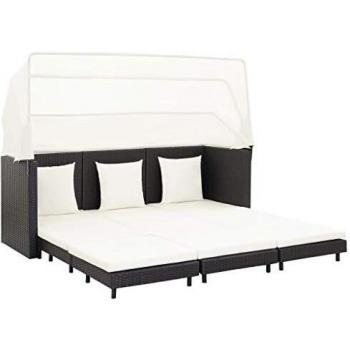 Divano Letto Estendibile a 3 Posti con Tetto in Polyrattan Nero