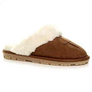 Women’s Winter Fur Lined Leather Mules, Chestnut Camel Tan