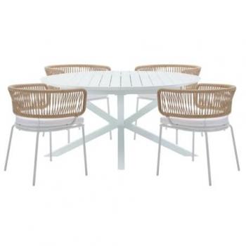 Comedor Exterior Pisto Mylia: Mesa Extensible 150/200 cm + 4 Sillones Metal-Cuerda – Beige/Blanco