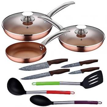 Conjunto Gourmet 5 sartenes, tapas, utensilios y cuchillos de acero inoxidable