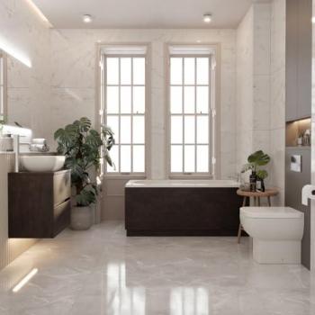 Alford 1400mm Bathroom Collection – Straight Steel, Chrome Flush Plate, Metallic Slate Vanity