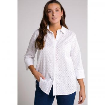 Camicia in cotone con ricami e maniche a 3/4, bianca, taglia 60/62, Ulla Popken
