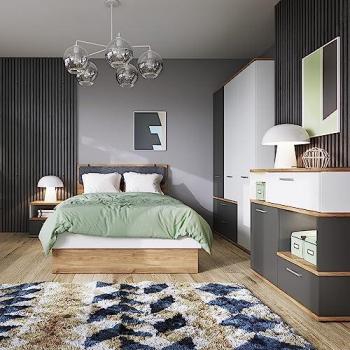 Lomadox Jugendzimmer Set TOMAR-129, Sparset, 4-teilig, Bett 120x200 cm und 3-türiger Kleiderschrank, Eiche Nb. mit weiß und grau