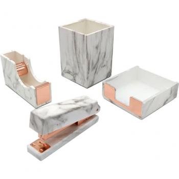 Rose Gold Accented Marble Print Office Stationery Set: Includes Pen Pot, Tape Dispenser, Stapler, Memo Holder