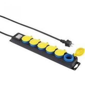 Renkforce 650D-CMB 6-Outlet Power Strip, IP44 Rated, Black/Yellow/Blue, with Switch