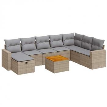 Salon de jardin résine tressée 9 pièces beige avec coussins