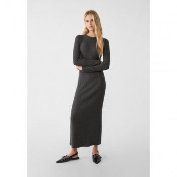 Stradivarius Midi‑Kleid aus gebürstetem Stoff – grau, S, langärmlig