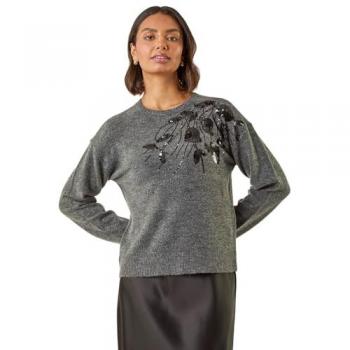 Pull en Tricot à Sequins Fleuris Roman