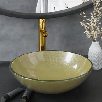 VidaXL Gold Tempered Glass Bathroom Sink with Tap and Push Drain