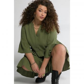 Abito donna in mussola verde con volant, scollo a V e maniche 3/4, Taglia: 52/54, Cotone