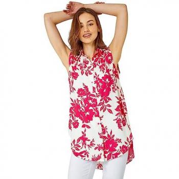 Fuchsia Floral Print Sleeveless Blouse for Women