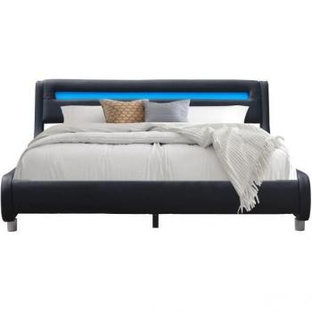 Lit Gina Noir 140x190 avec Sommier et Tête de Lit Incurvée
