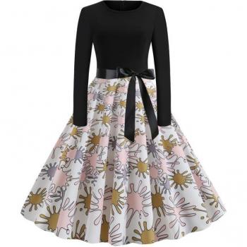 Vestido Vintage Tonval para Mujer, Manga Larga, Cuello Redondo, Estampado Multicolor, A Línea con Cinturón, Estilo Casual Swing
