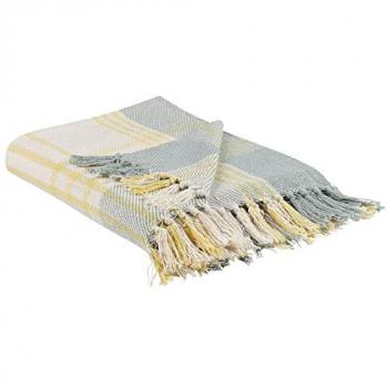 Coperta a Quadri Verde e Giallo in Cotone 125 x 150 cm con Frange Fatta a Mano